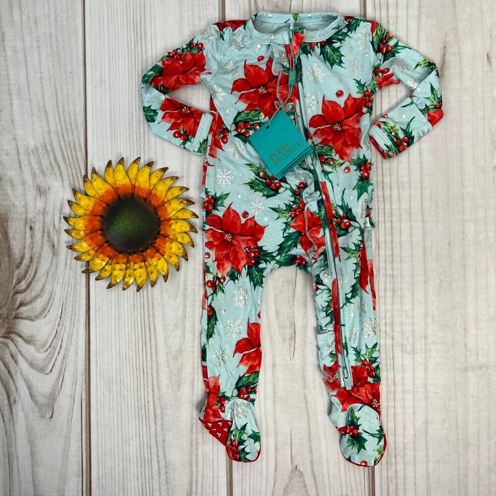 Posh Peanut Poinsettia Ruffle Footie Sleeper Light Blue Holiday 0-3 Months NWT